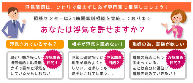 浮気問題は人で悩まずに必ず専門家に相談しましょう。相談センターは24時間無料相談を実施しております。あなたは浮気を許せますか？（浮気をされているかも）（相手が浮気を認めない）（離婚のため証拠が欲しい）